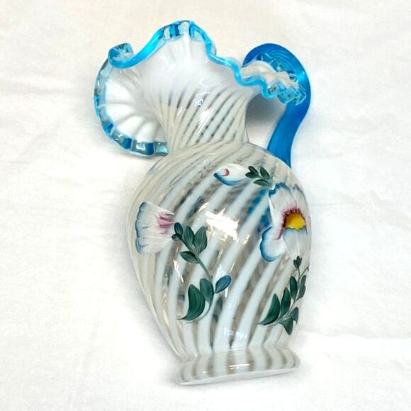 Fenton 90th Spiral French Opal Pitcher Blue Handle Ruffle Rim Poppy Art Glass - Picture 5 of 10